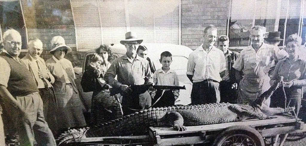 The crowd gathered to see the big saltwater croc that was hunted down and killed in 1964 in the Mary River. The crowd gathered to see the big saltwater croc that was hunted down and killed in 1964 in the Mary River.